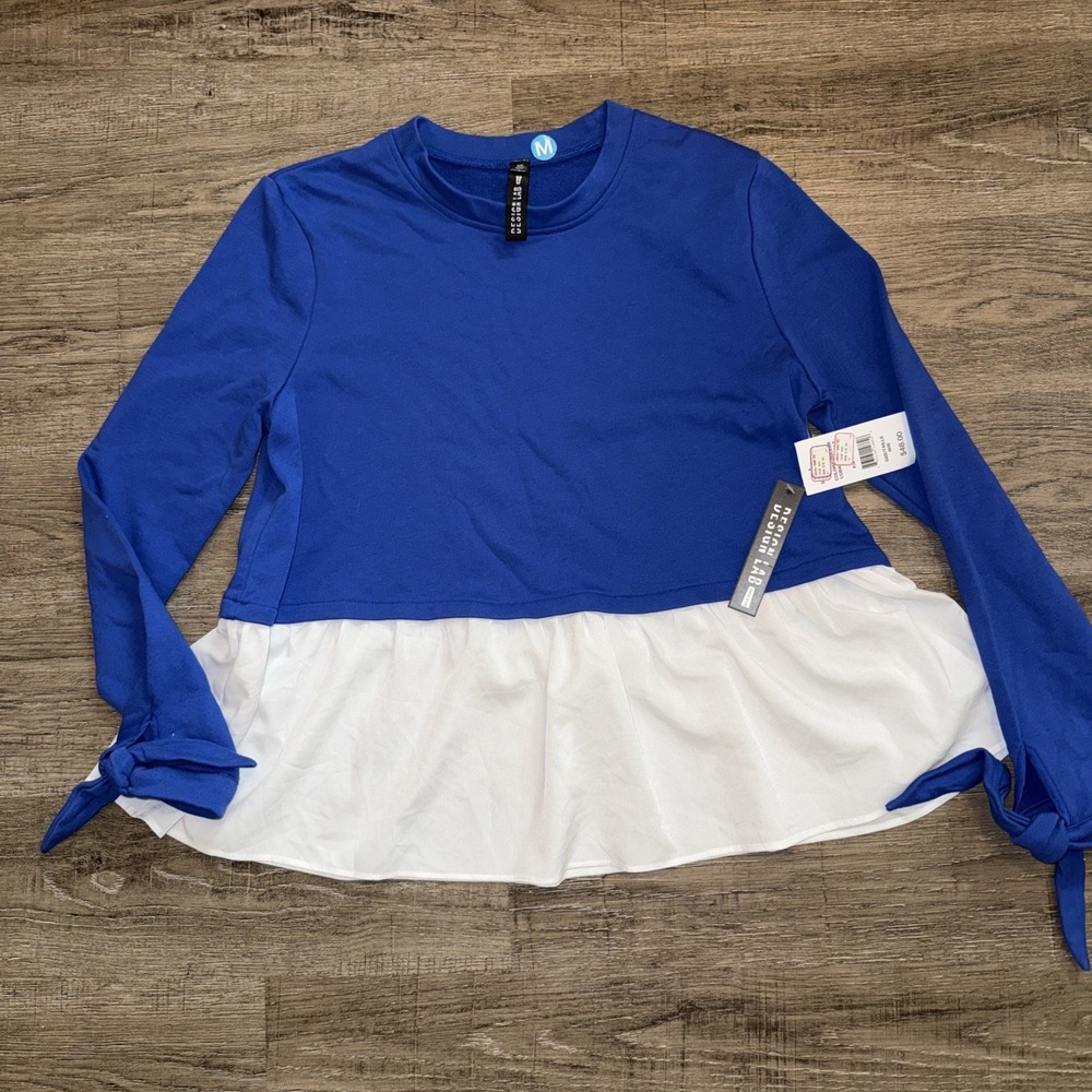 NWT Design Lab Tiered Top Blue White Long Sleeve Medium